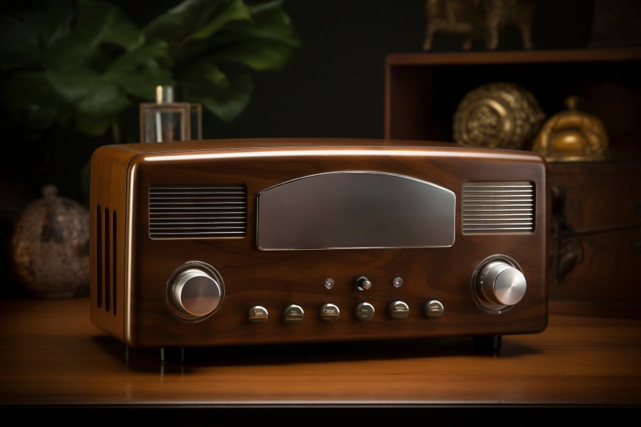 Alt text: Vintage wooden tabletop radio with two speakers, silver knobs, and a dark brown polished finish on a wooden table.
