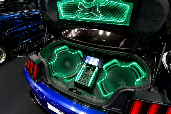 Custom car subwoofer box and audio system installed in a vehicle trunk