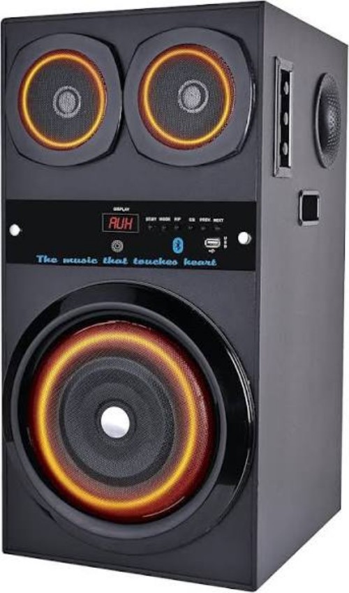 Black rectangular speaker system with two small upper speakers and one large lower woofer featuring orange illuminated rings.
