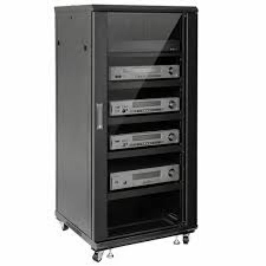Audio Cabinet with four rack-mounted audio components behind a glass door, on casters