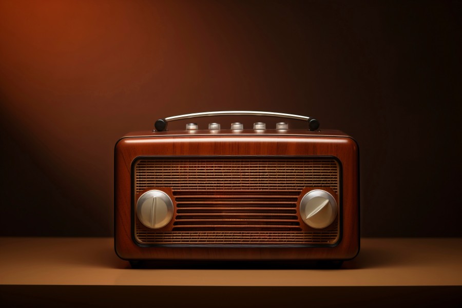 Wooden speaker box with a large woofer and control panel on a wooden table, with another speaker and potted plant in the background.